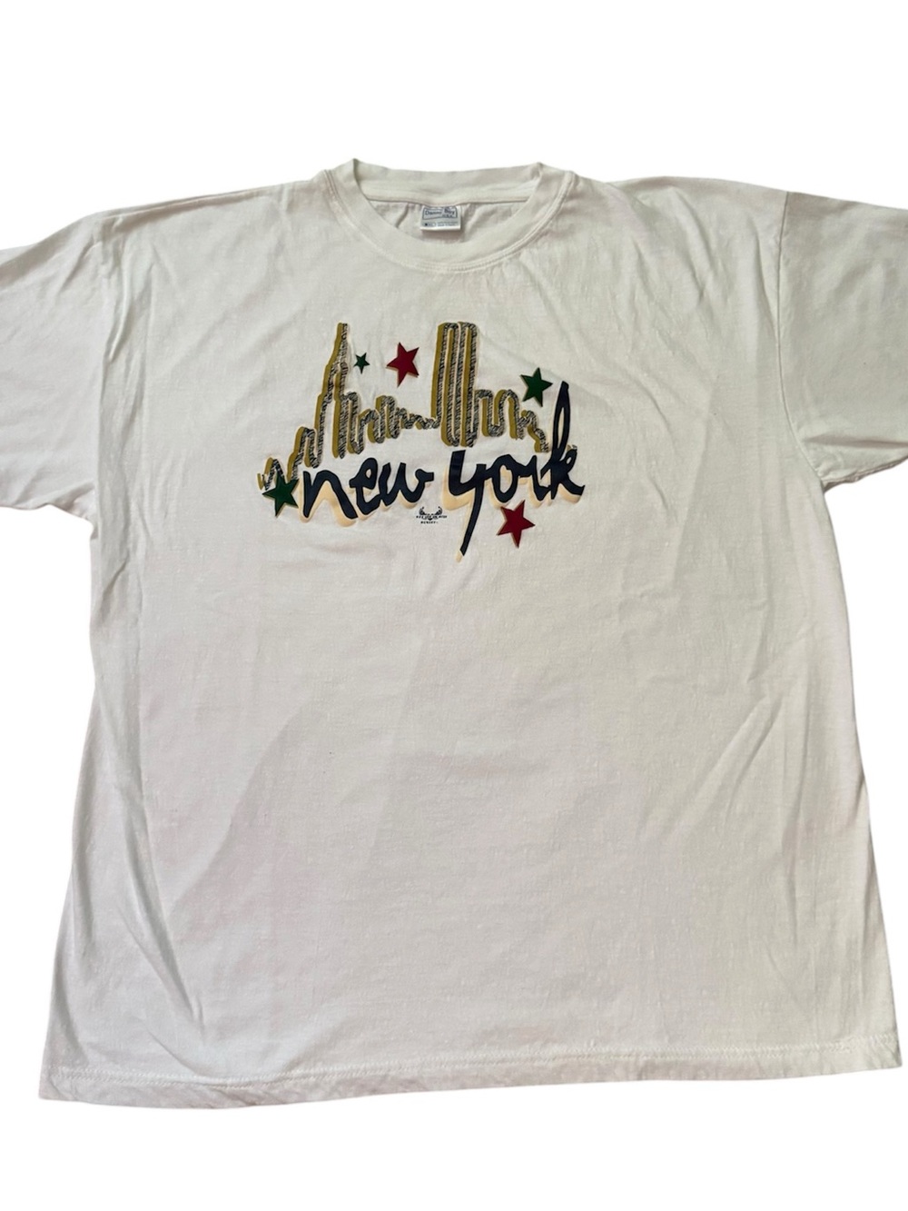 Vintage 90s New York City T Shirt XL White Glitter Skyline Twin Towers